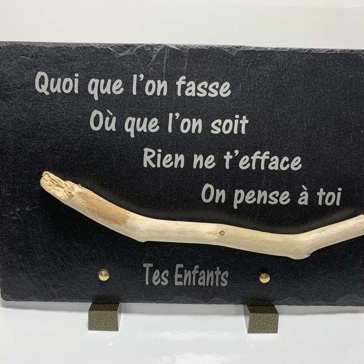 ardoise naturelle funéraire personnalisée, bois flotté